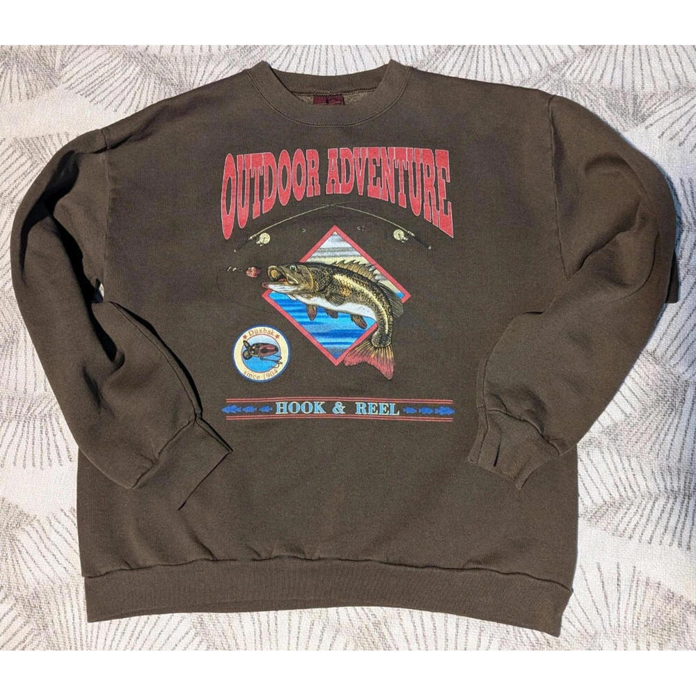 Vintage Duxbak Outdoor Adventure Sweatshirt Size L Made in USA Spellout Fishing